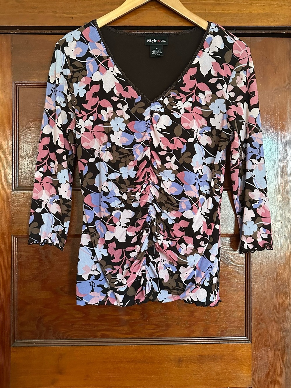 Y2K Floral Mesh Ruched V-Neck Top Size Medium Romantic Boho Fairy Whimsical